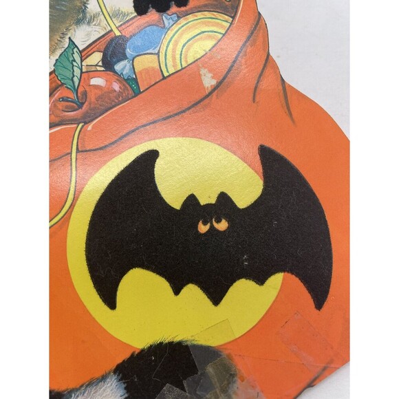 Vintage Halloween Decoration Diecut Raccoon Bat Trick or Treating Velvet Accent - Picture 2 of 12